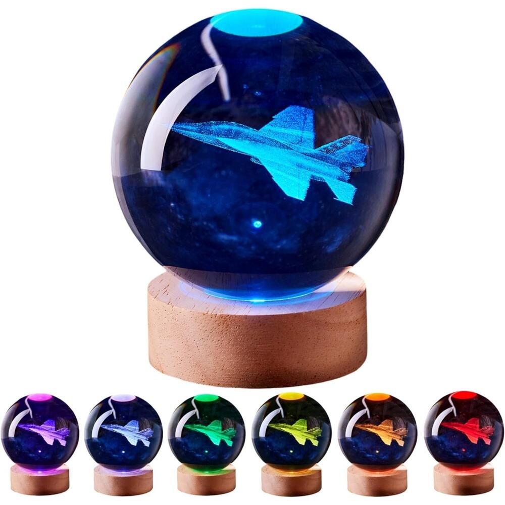 3D Airplane Crystal Ball LED Lamp RGB Night Light w Remote 3 Inch NEW Tested‎